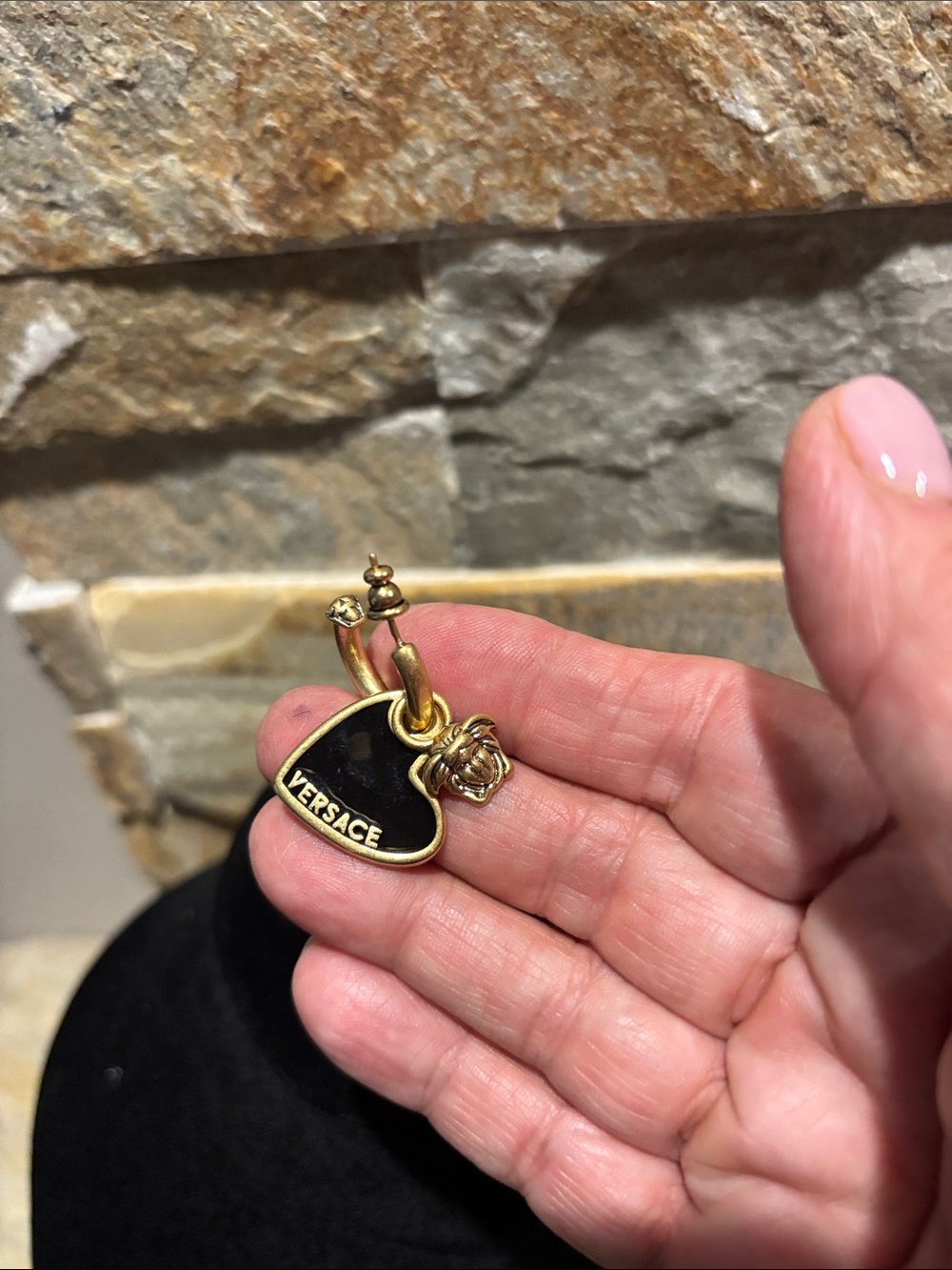 Black & Gold Heart Medusa Charm Hoop Earrings - Picture 4 of 5